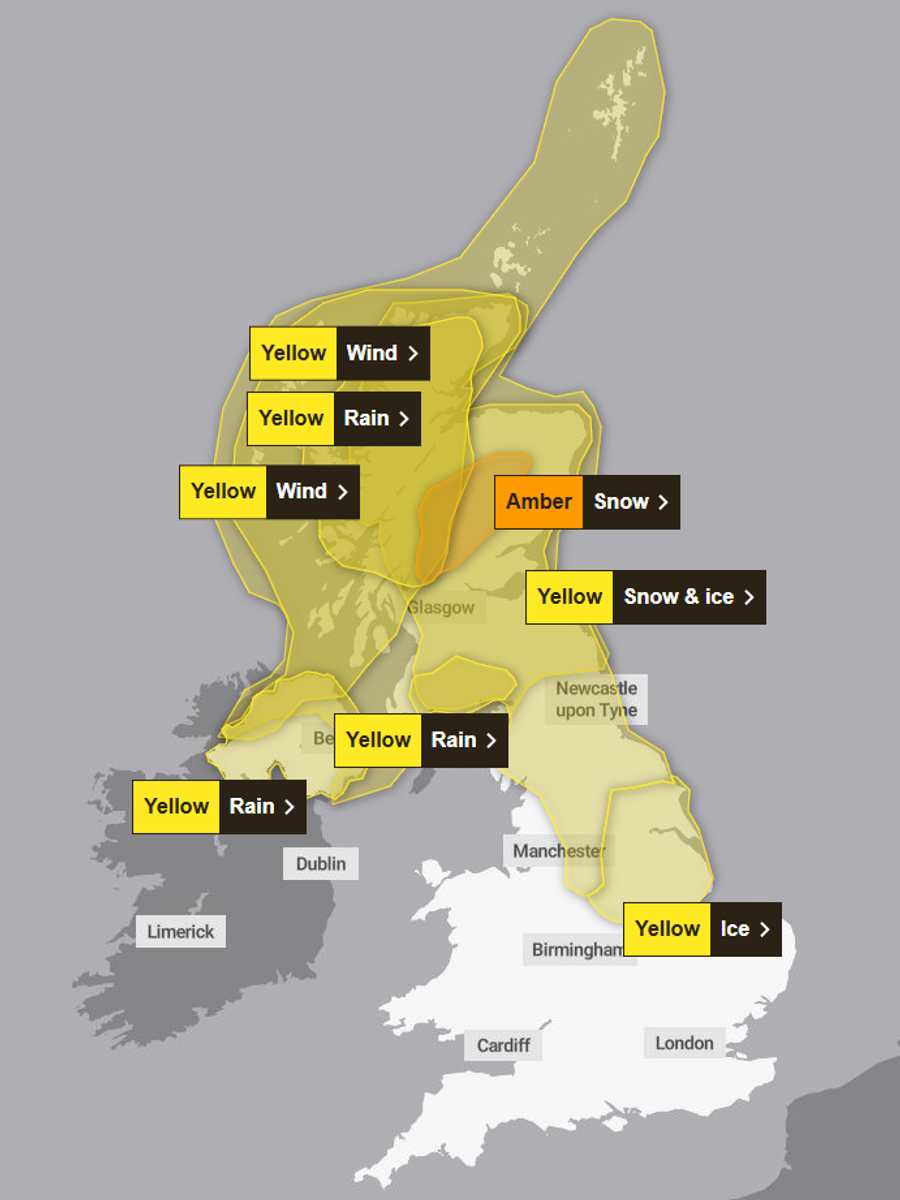 Amber warning for snow as well as risk of heavy rain, strong winds and ...