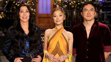 Cher, Ariana Grande and Bowen Yang on Saturday Night Live last year. Image: NBC Universal Media/Sky UK