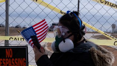 A protester at the South Texas Family Residential Center in Dilley, Texas, last week. Photo: Reuters