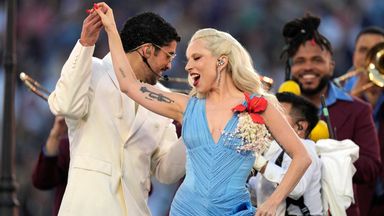 Lady Gaga performing with Bad Bunny. Image: Imagen Images/Reuters