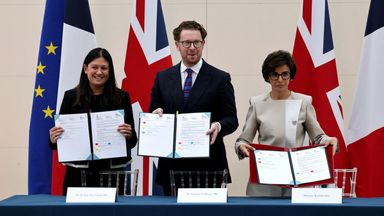 Culture Secretary Lisa Nandy, British Museum Director Nicholas Cullinan and French Culture Minister Rachida Daati show the loan agreement in July 2025. Photo: Reuters