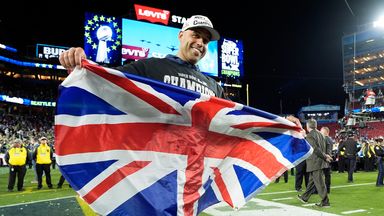 Celebration from Seattle Seahawks defensive coordinator Aidan Durdey, the first British coach to appear in a Super Bowl. Photo: AP