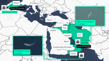 نقشه نشان‌دهنده موقعیت کشتی‌های نیروی دریایی آمریکا و ایران