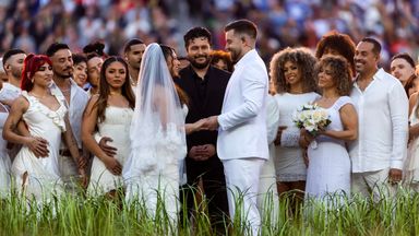 A couple gets married on stage during the halftime show. Image: Imagen Images/Reuters