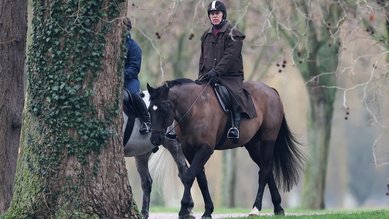 Andrew Mountbatten-Windsor rides a horse in Windsor Great Park.
Pic: Reuters