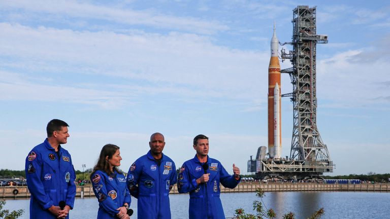 Specialists Jeremy Hansen and Christina Koch, pilot Victor Glover and commander Reid Wiseman are hoping to fly around the moon. Pic: Reuters
