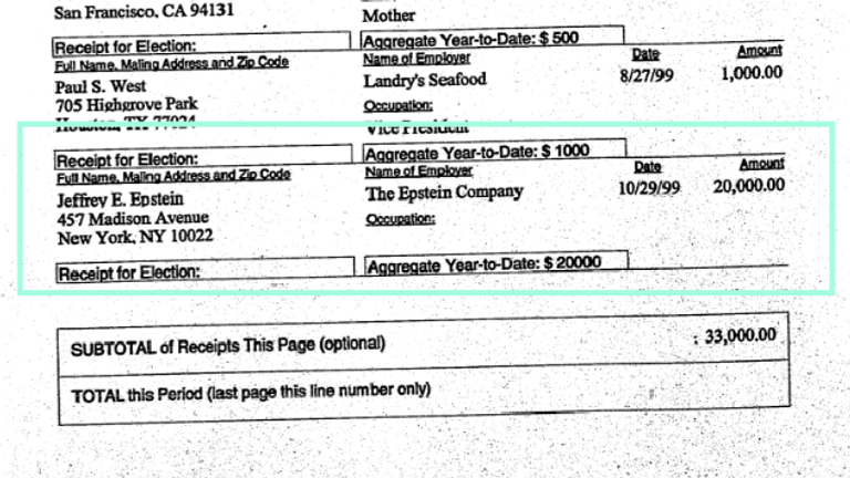 Document from the Federal Election Commission shows Jeffrey Epstein donating $20,000 to Hillary Clinton's senate campaign