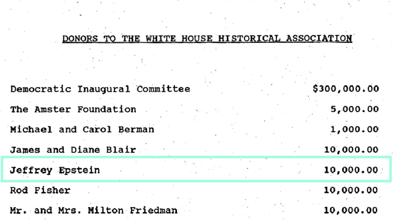 Press release from the Clinton Digital Library shows Jeffrey Epstein donated $10,000 to the White House Historical Association