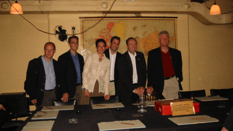 Bill Clinton, Ghislaine Maxwell, Kevin Spacey and others at Churchill War Rooms in London in 2002. Pic: DOJ