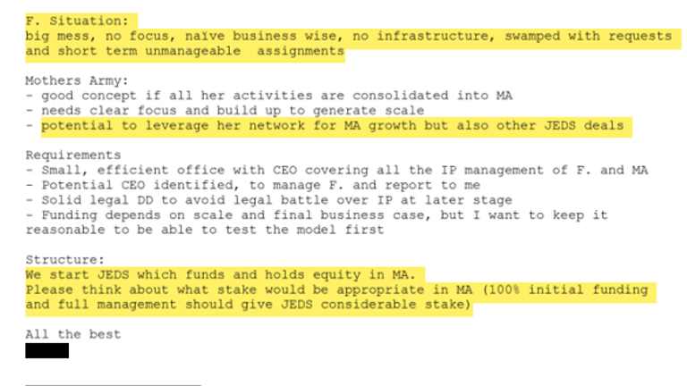 An email sent to Jeffrey Epstein,  framing involvement in Mothers Army as an opportunity to leverage Sarah Ferguson's connections.