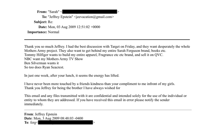 Sarah Ferguson thanks Epstein for his help. 