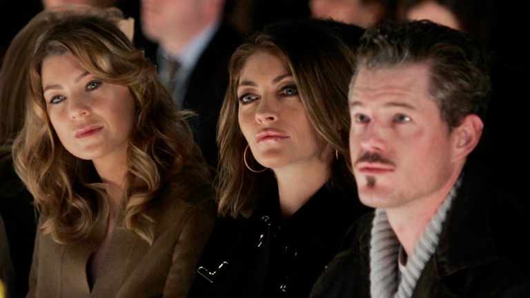 Eric Dane, his wife Rebecca Gayheart (centre), and his Grey's Anatomy co-star Ellen Pompeo (left) at a 2008 fashion show. Pic: Reuters