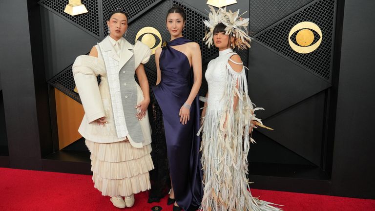 Audrey Nuna, from left, Ejae and Rei Ami at the Grammy Awards on Sunday. Pic: AP