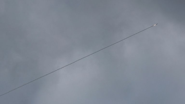 An air defence system operates as missiles are launched towards Israel from Iran. Pic: Reuters