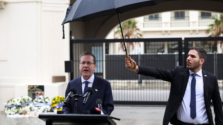 President Isaac Herzog speaks in Sydney after laying a wreath to remember the victims of Bondi Beach. Pic: Reuters