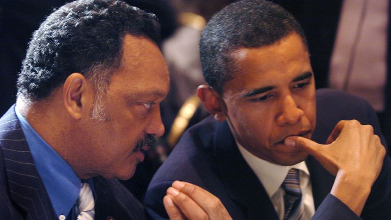 Jesse Jackson speaks with Barack Obama in 2005. Pic: AP