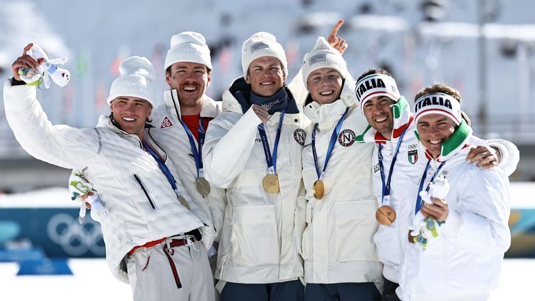Johannes Hoesflot Klaebo (third left) and Einar Hedegart (third right) won with a time of 18 minutes and 28.9 seconds. Pic: AP