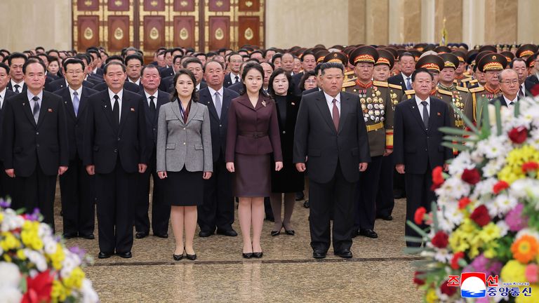 Kim Ju Ae (centre) with her father Kim Jong Un and mother Ri Sol Ju. Pic: AP