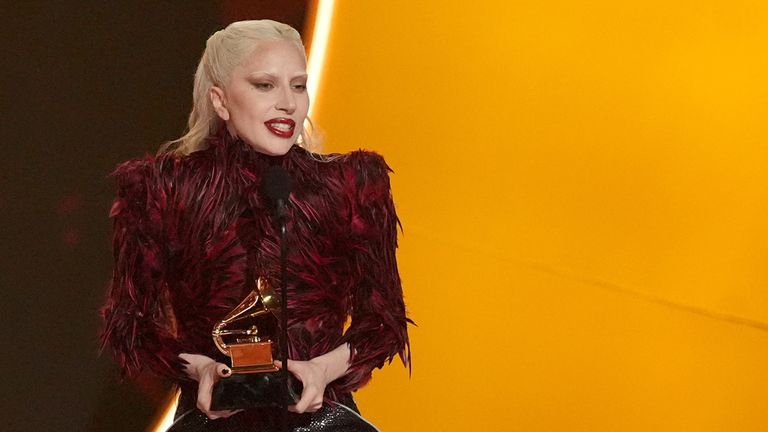 Lady Gaga accepts the Grammy for best pop vocal album for Mayhem. Pic: AP Photo/Chris Pizzello