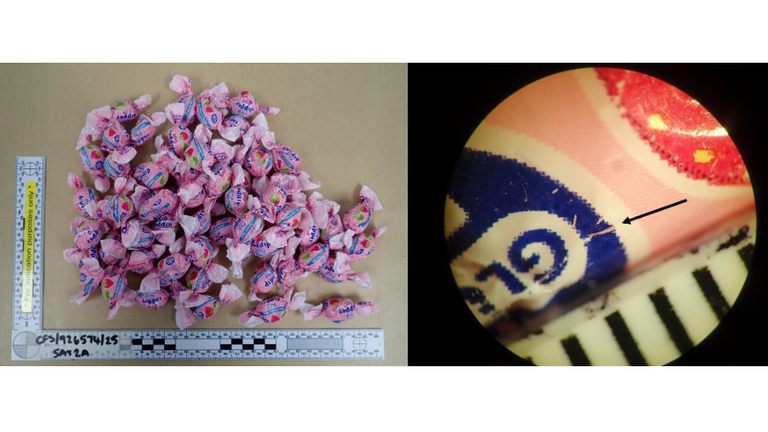 Sweets seized by police and a tiny incision in one where Ruben injected the drugs. Pic: Leicestershire Police