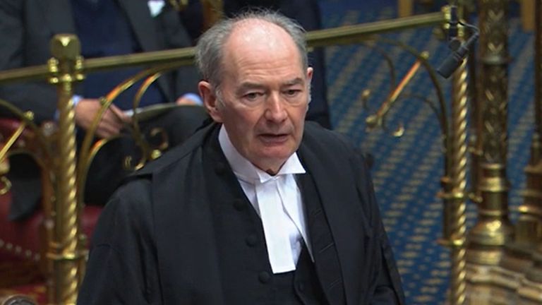 Screen grab of Lord Speaker Lord Forsyth of Drumlean announcing in the House of Lords, London, that Lord Mandelson is to step down in the up