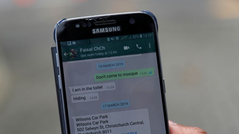 Amir Daud, a survivor of the Christchurch shootings, shows an exchange from Whatsapp. Pic: Reuters