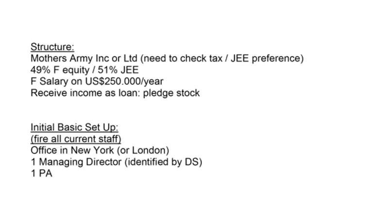 Excerpt of an email sent to Epstein outlining a business plan for Mothers Army. The plan includes a 51% majority stake for Epstein. 