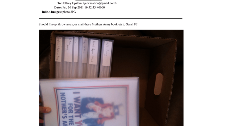 Epstein asked if he wants to keep, throw away, or return Mothers Army materials to Sarah Ferguson.