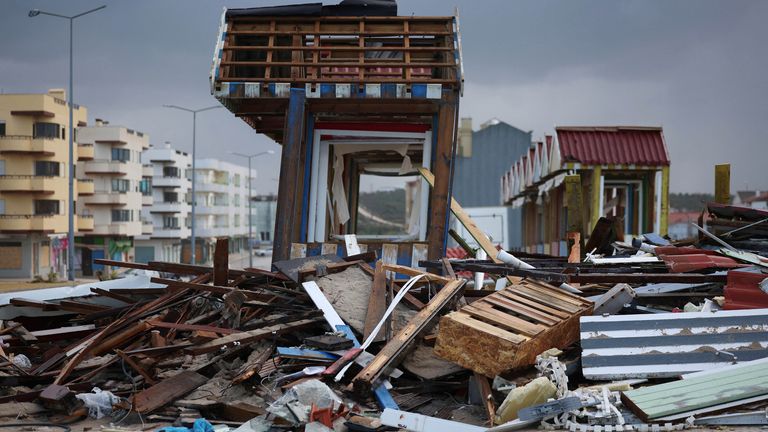Debris in the wake of of Storm Kristin in Praia da Vieira, Leiria, Portugal. Pic: Reuters