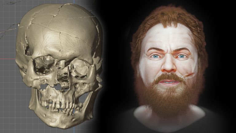 Racesa 'vampirinin' yeniden yapılandırılmış kafatası (solda) ve yeniden yapılandırılmış yüzü (sağda). Fotoğraf: Cicero Moraes