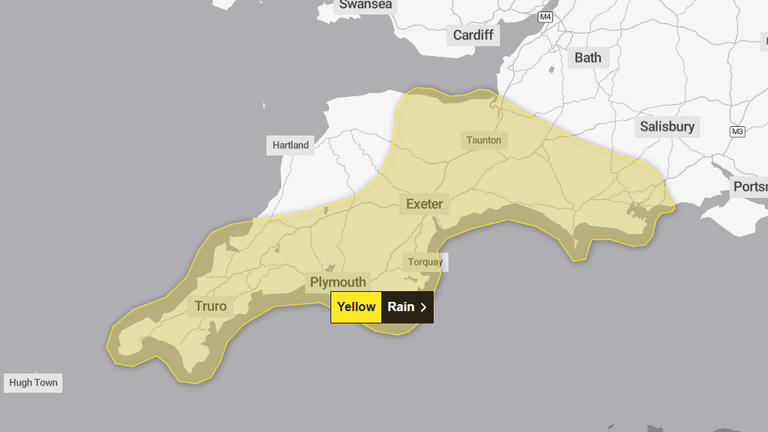 Yellow rain warnings are expected to run from 12pm today to 9am Tuesday. Pic: Met Office