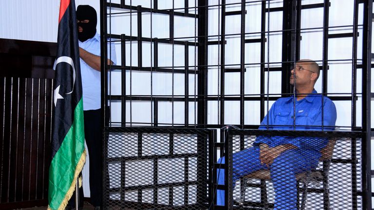 Saif al Islam Gaddafi in court in 2014 for crimes linked to the 2011 uprising. File pic: Reuters
