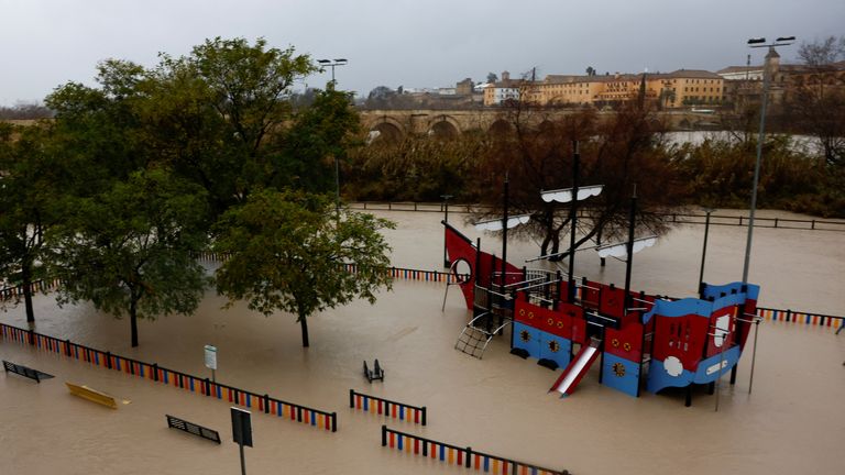 Een bootvormige klimconstructie in een ondergelopen speeltuin nabij de rivier de Guadalquivir. Foto: Reuters