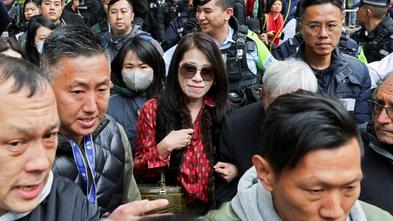 Teresa Lai, wife of Jimmy Lai, leaves West Kowloon Magistrates' Courts. Pic: Reuters