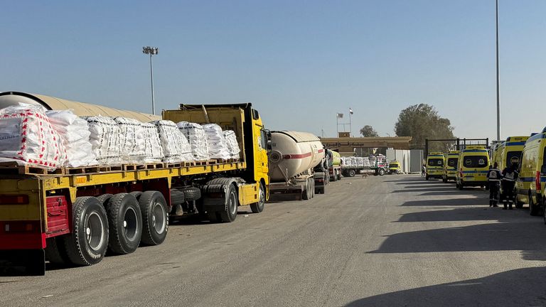 Trucks carrying aid wait to travel into Gaza. Pic: Reuters