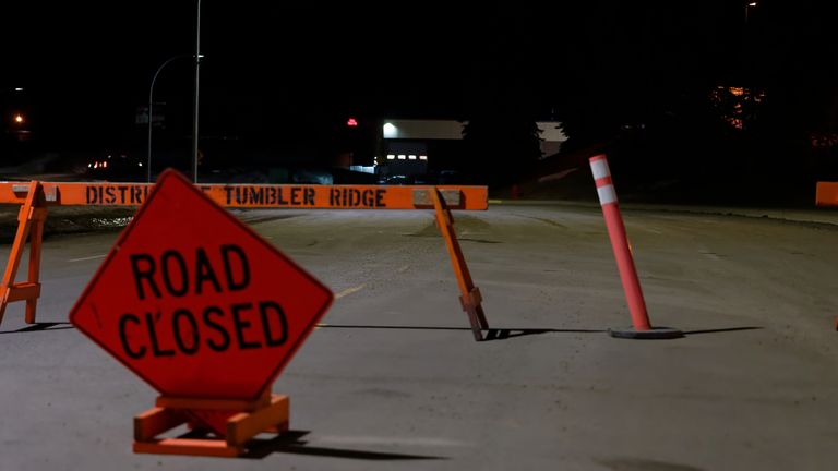 A roadblock remains in place outside the school on Wednesday. Pic: The Canadian Press/AP