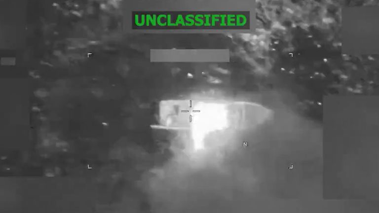 Flames are seen billowing into the sky after the strike. Pic: US Southern Command