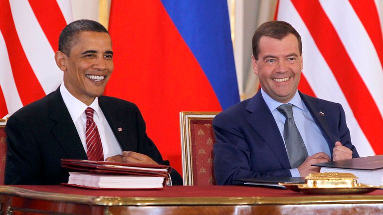 Barack Obama, left, and Dmitry Medvedev sign the treaty in 2010. File pic: Reuters