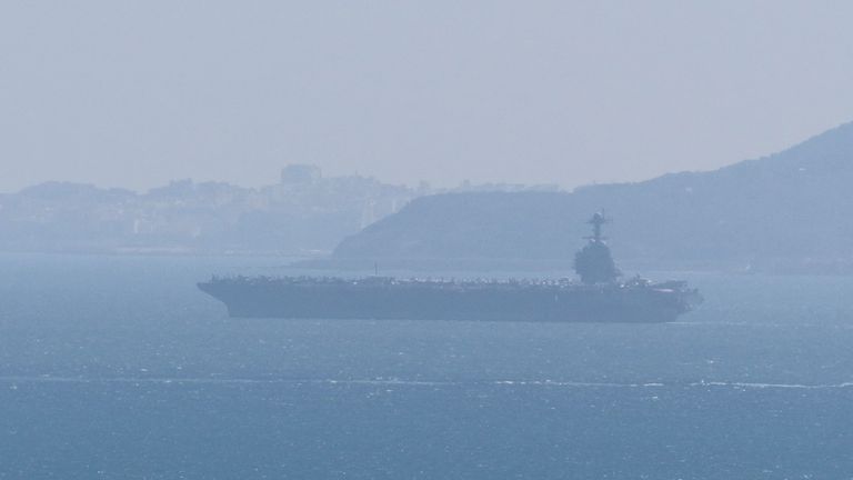 The Middle East-bound USS Gerald R Ford aircraft carrier, seen from Gibraltar on Saturday. Pic: Reuters