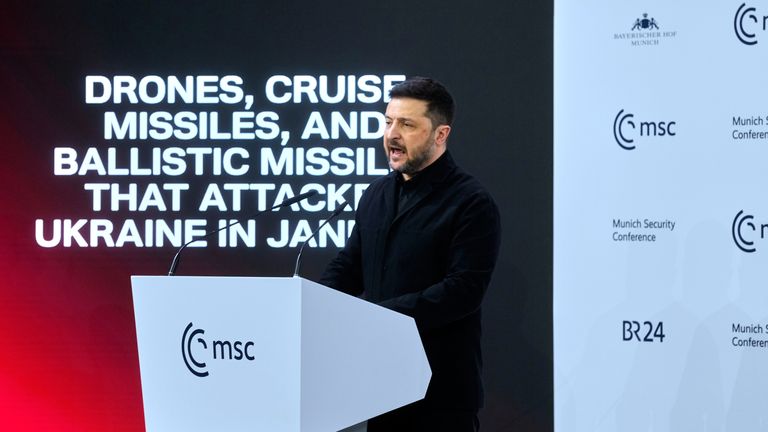 Ukraine's President Volodymyr Zelenskyy addresses the audience. Pic: AP