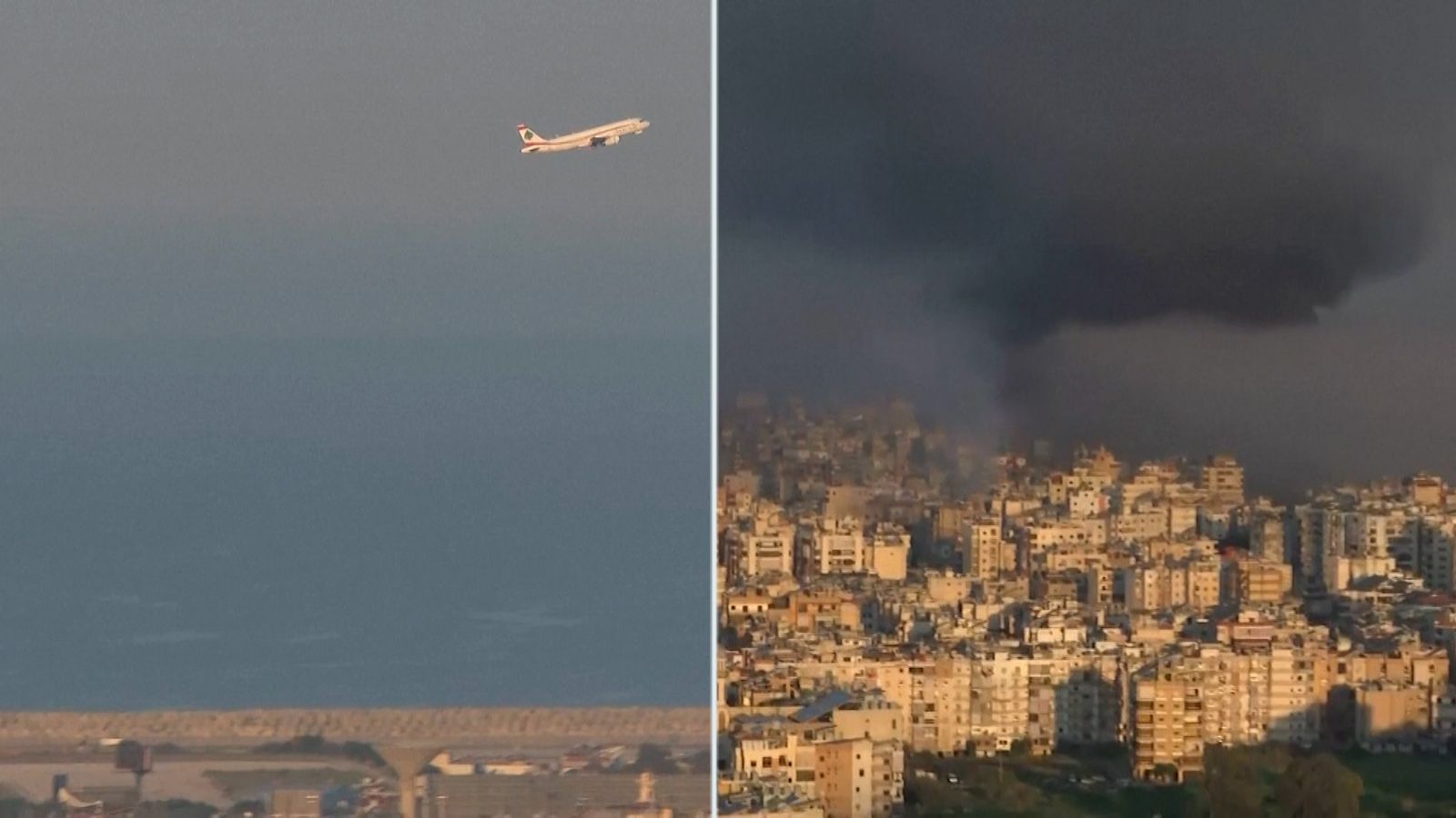 Plane takes off amid smoke and explosions in Beirut, Lebanon