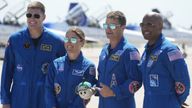 Artemis 2 crew members, from left, Mission Spc. Jeremy Hansen, of Canada, Mission Spc. Christina Koch, Commander Reid Wiseman, and Pilot Victor Glover pose for a photo after the crew's arrival at the Kennedy Space Center Friday, March 27, 2026, in Cape Canaveral, Fla. (AP Photo/Chris O'Meara)