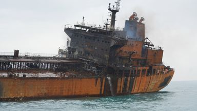 A tanker is seen listing after being attacked in Iraqi waters. Photo: Reuters
