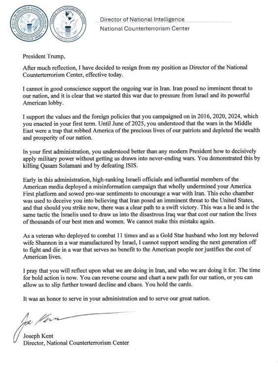 Mr Kent's resignation letter