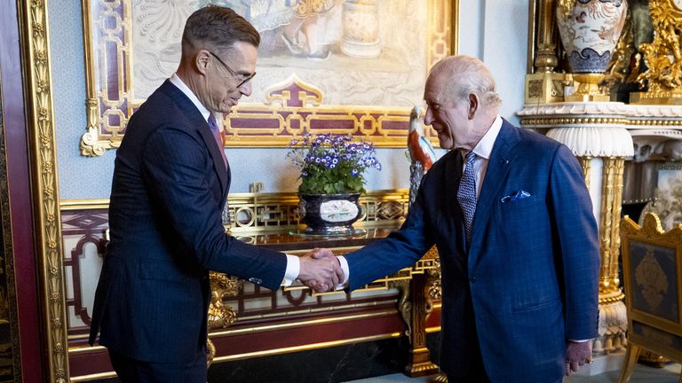 Finnish President Alexander Stubb meets King Charles last week. He said there is no "magic potion" to being a happy country. Pic: Associated Press