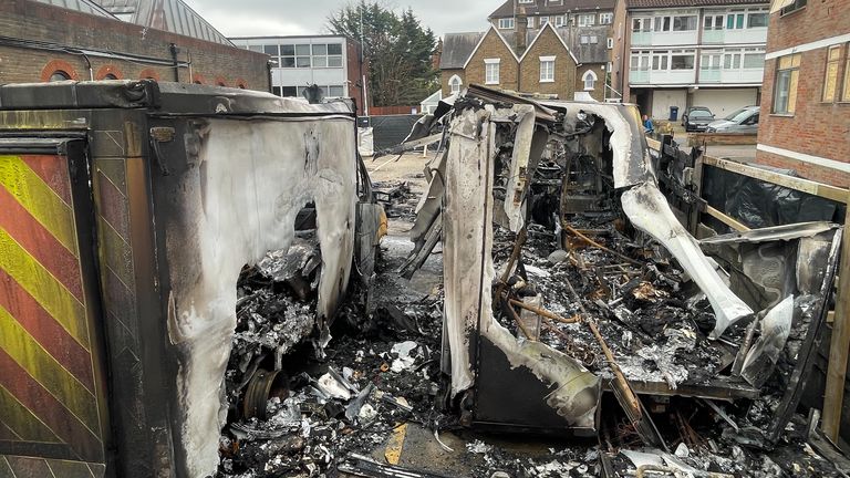 Carcasses of torched vehicles