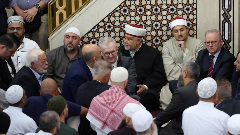 Australia's Prime Minister Anthony Albanese (C) at Lakemba Mosque in Sydney. Pic: Reuters