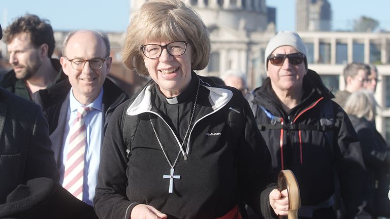 Dame Sarah Mullally on the Millennium Bridge in London. Pic: PA
