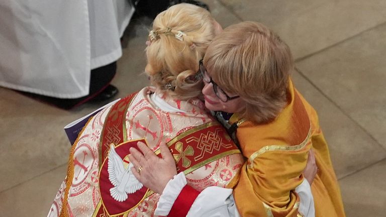 Dame Sarah Mullally embraces the Rt Rev Paulina Hlawiczka-Trotman, Bishop of the Lutheram Church. Pic: Reuters