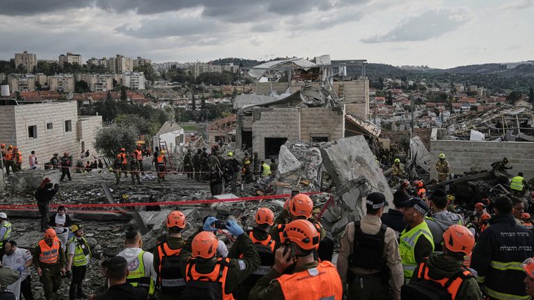 The aftermath of the strike in Beit Shemesh, Israel. Pic: AP